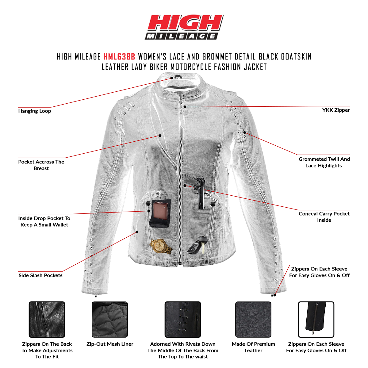 High Mileage HML638B Women's Lace and Grommet Detail Black Goatskin Leather Lady Biker Motorcycle Fashion Jacket - Infographics