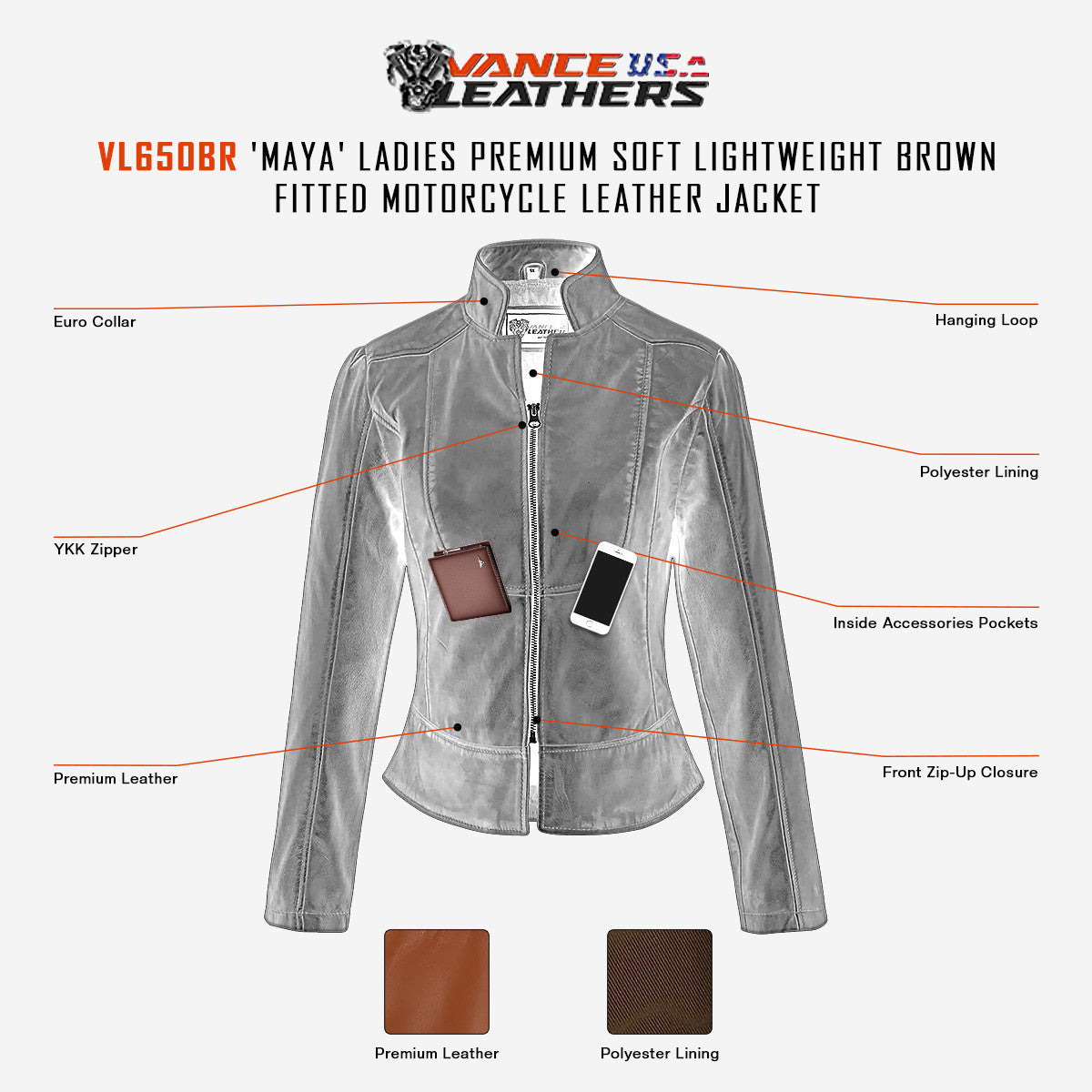 VL650Br Vance Leathers' Ladies Premium Soft Lightweight Brown Fitted Leather Jacket infographic