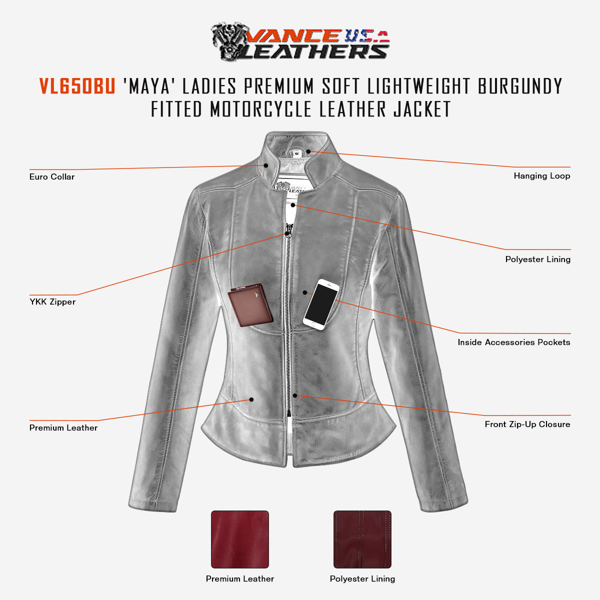 VL650Bu Vance Leathers' Ladies Premium Soft Lightweight Burgundy Fitted Leather Jacket infographic