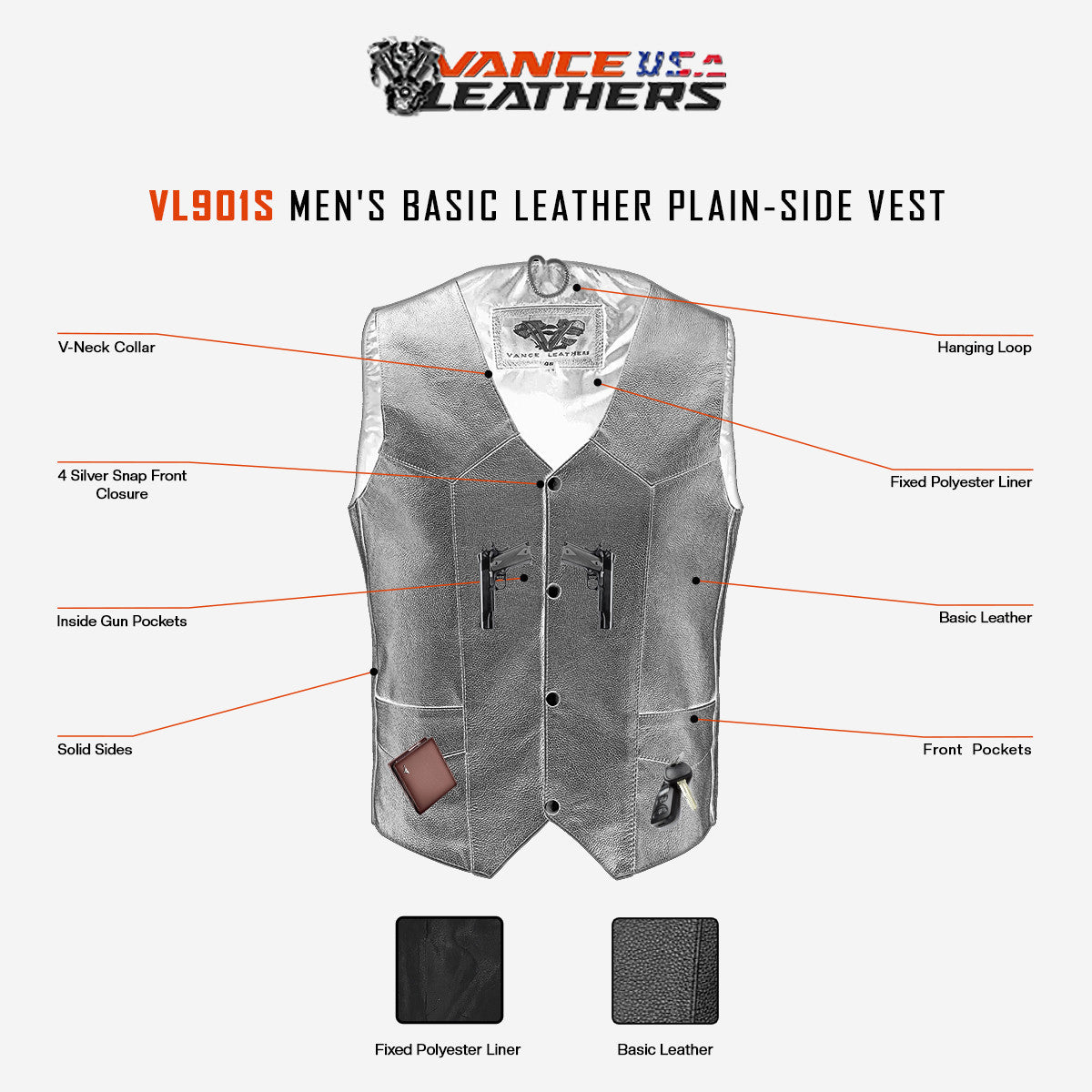 Vance Leather Men's Basic Leather Plain-Side Vest infographic