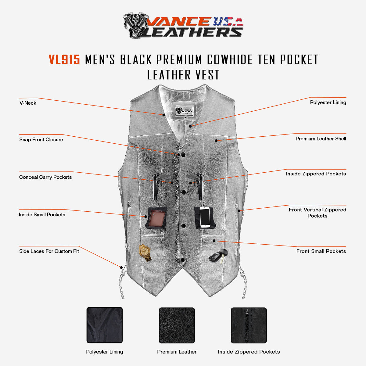 VL915 Men's Premium Ten Pocket Leather Vest infographic