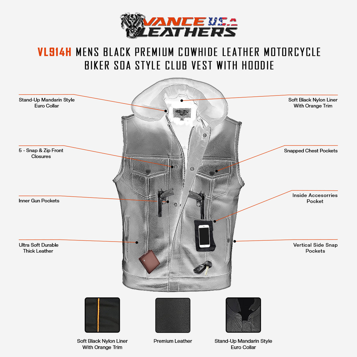 Vance VL914H Mens Black Premium Cowhide Leather Motorcycle Biker SOA Style Club Vest with Hoodie - Infographics