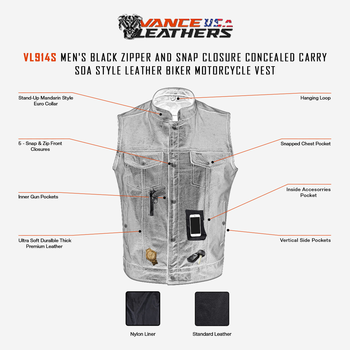 Vance VL914S Men's Black Zipper and Snap Closure Concealed Carry SOA Style Leather Biker Motorcycle Vest - Infographics