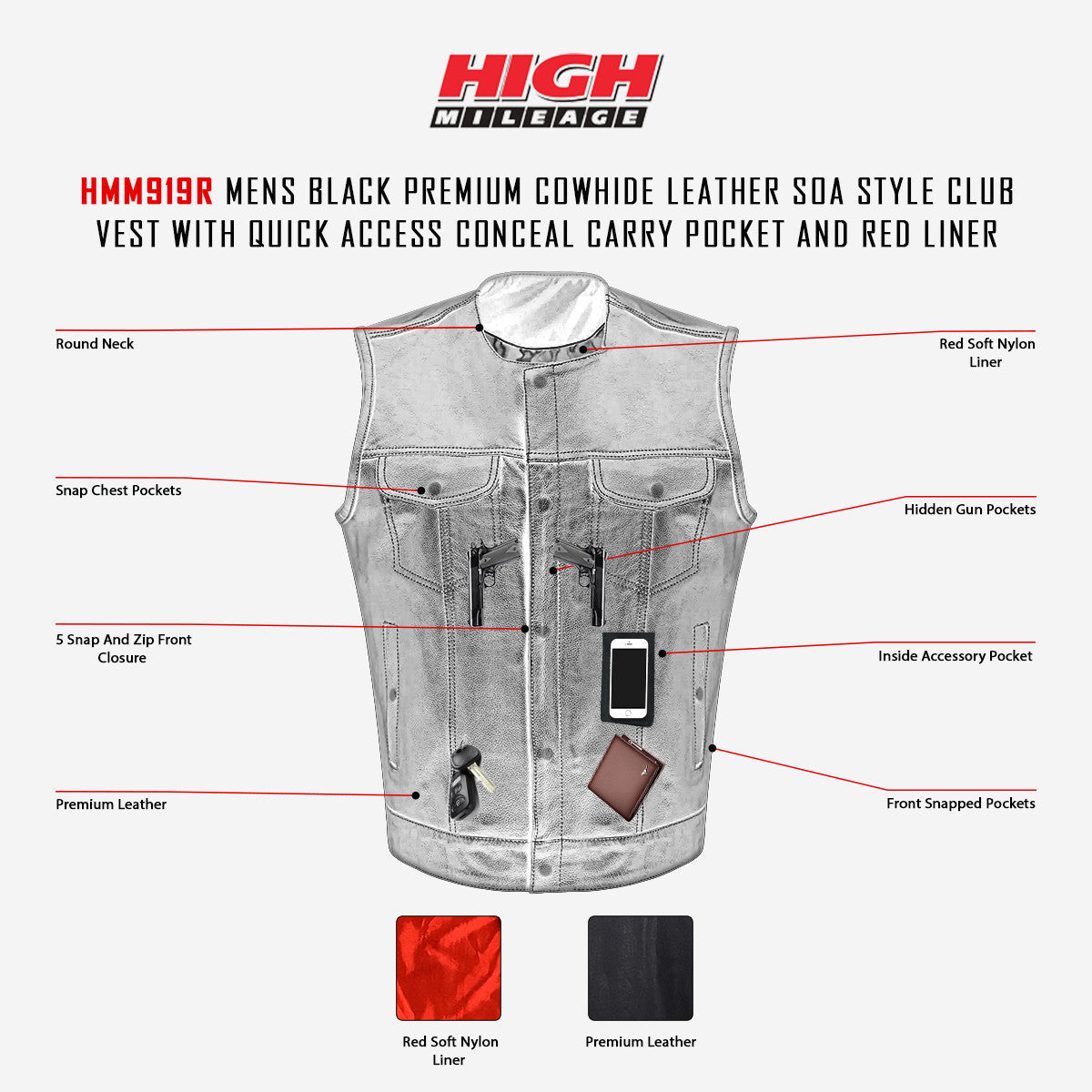 HMM919R Mens Black Premium Cowhide Leather SOA Style Club Vest With Quick Access Conceal Carry Pocket and Red Liner - Infographics