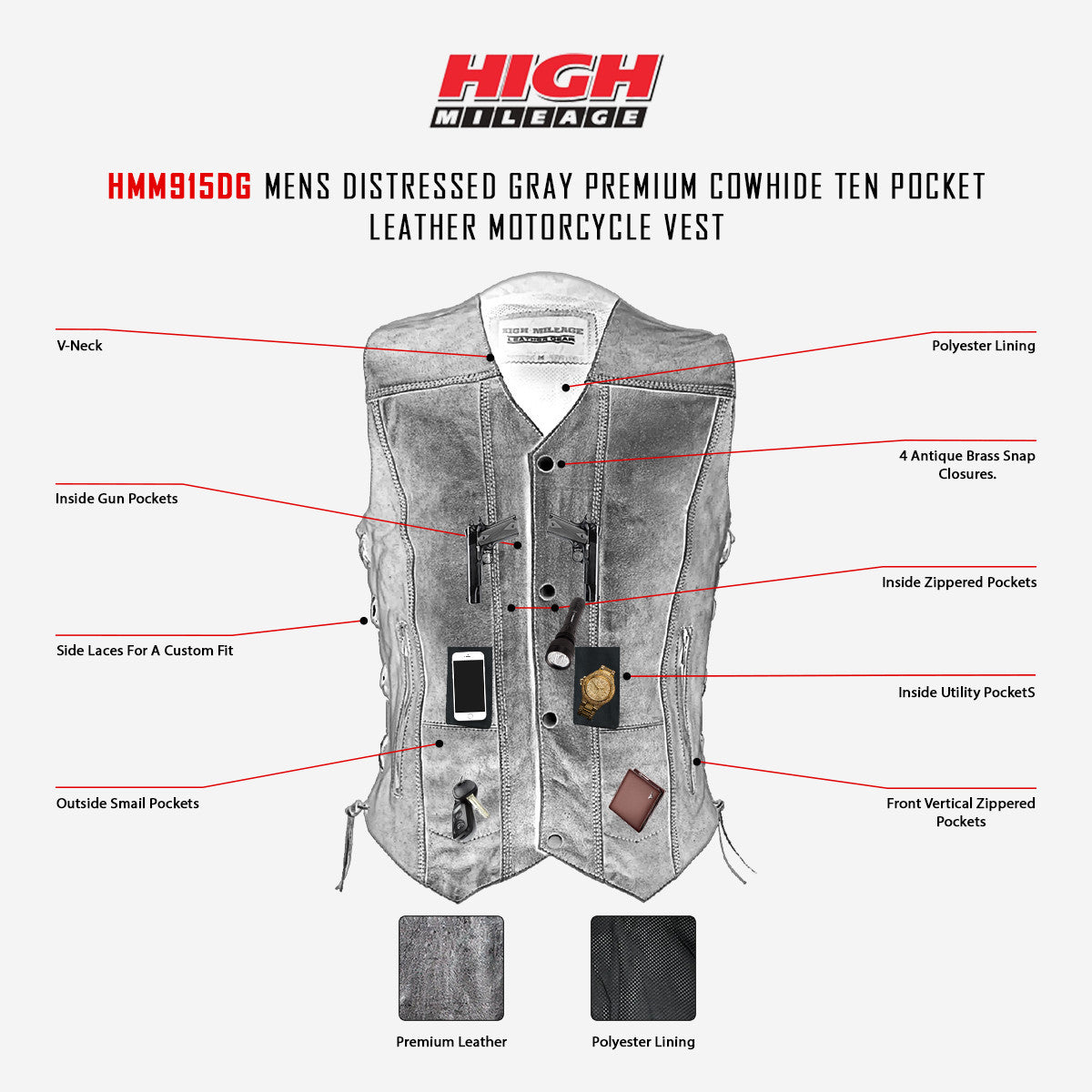 High Mileage HMM915DG Mens Distressed Gray Premium Cowhide Ten Pocket Leather Motorcycle Vest - Infographics