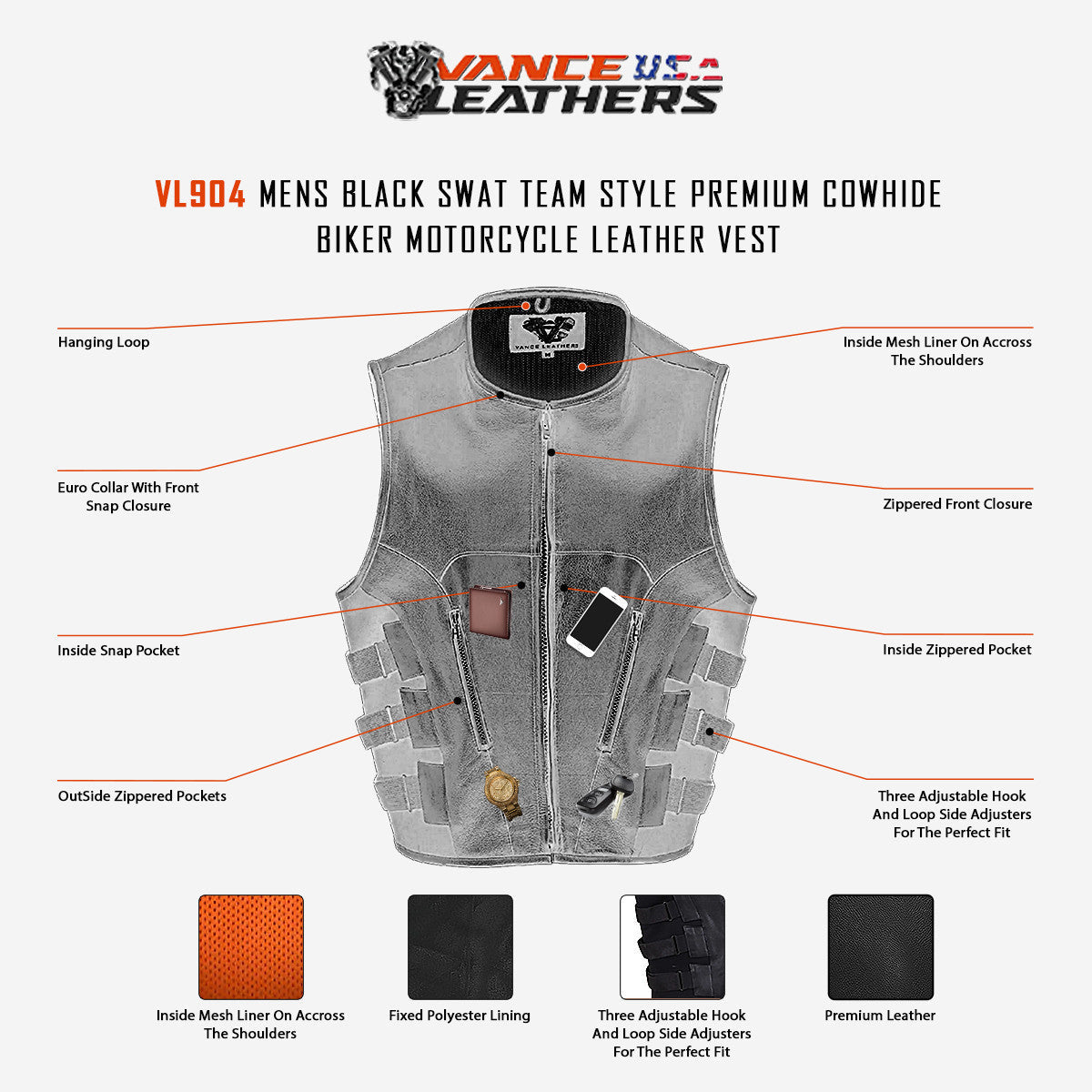 Vance VL904 Mens Black SWAT Team Style Premium Cowhide Biker Motorcycle Leather Vest - Infographics