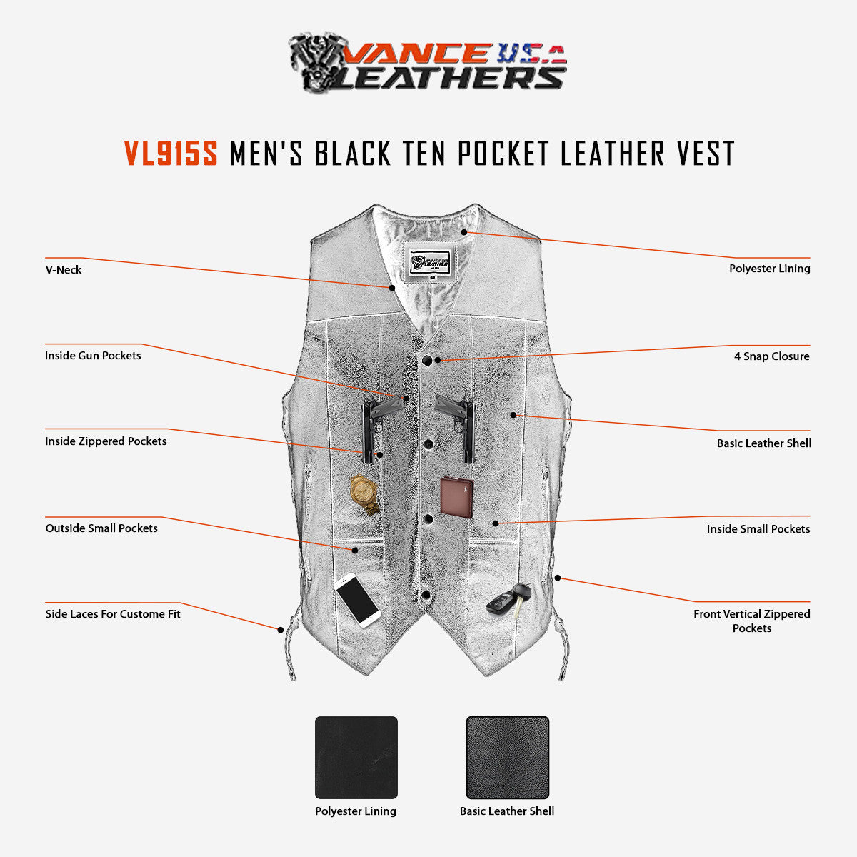 Vance VL915S Men's Black Ten Pocket Leather Vest - Infographics