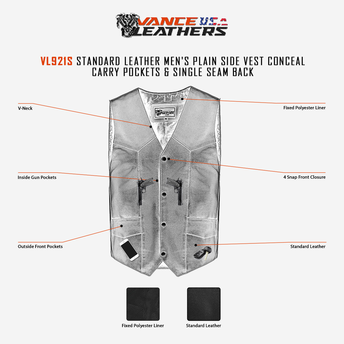 Vance VL921S Men's Black Biker Leather Motorcycle Vest - Infographics