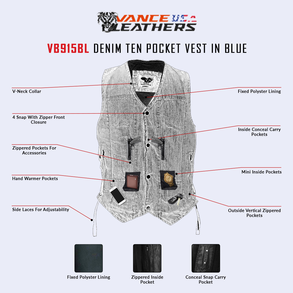 Vance VB915Blue Mens Blue Ten Pocket Denim Motorcycle Vest - Infographics