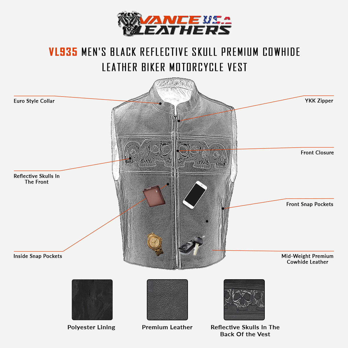 Vance VL935 Men's Black Reflective Skull Premium Cowhide Leather Biker Motorcycle Vest - Infographics