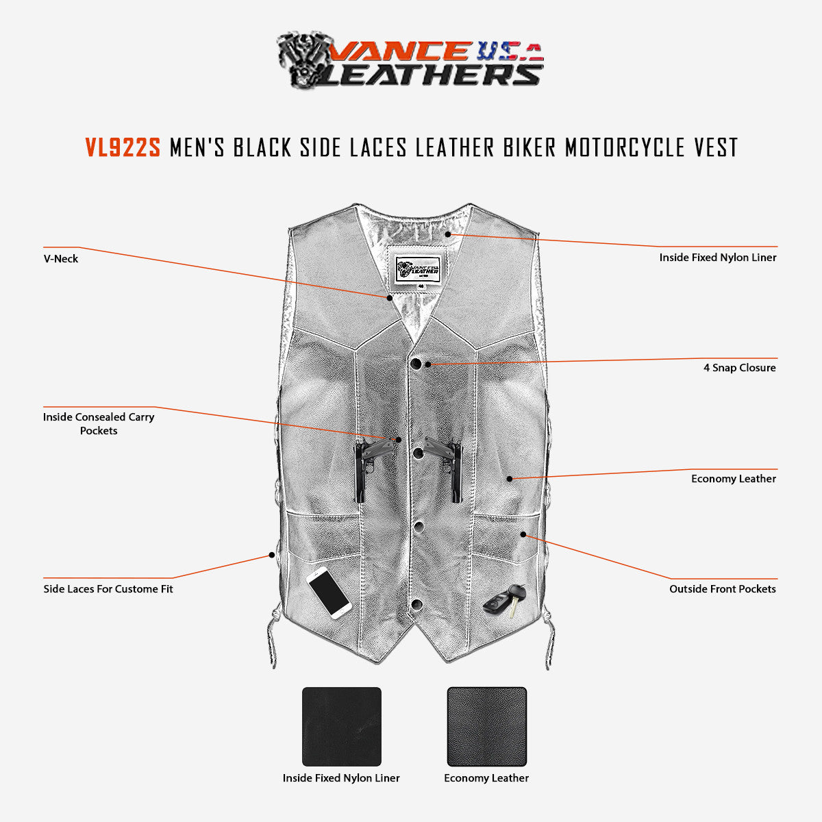 Vance VL922S Men's Black Side Laces Leather Biker Motorcycle Vest - Infographics