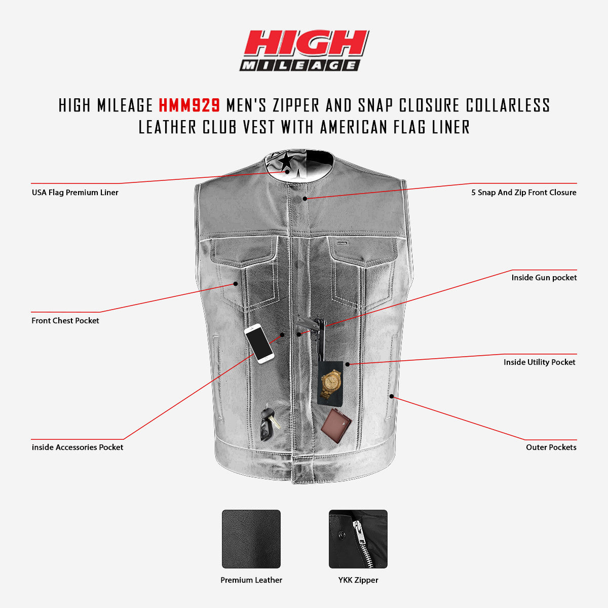 High-Mileage-HMM929-Mens-Zipper-Snap-Closure-Collarless-Leather-Club-Vest-American-Flag-Liner-infographic