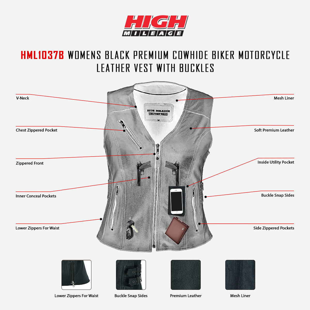 High-Mileage-Womens-Black-Premium-Cowhide-Biker-Motorcycle-Leather-Vest-Buckles-Infographics