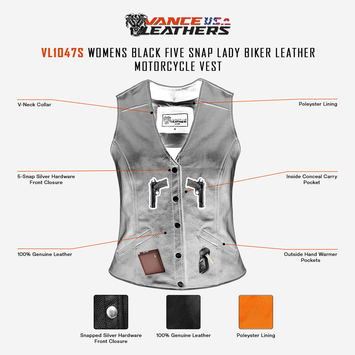 Vance-VL1047S-Womens-Black-Five-Snap-Lady-Biker-Leather-Motorcycle-Vest-Infographics