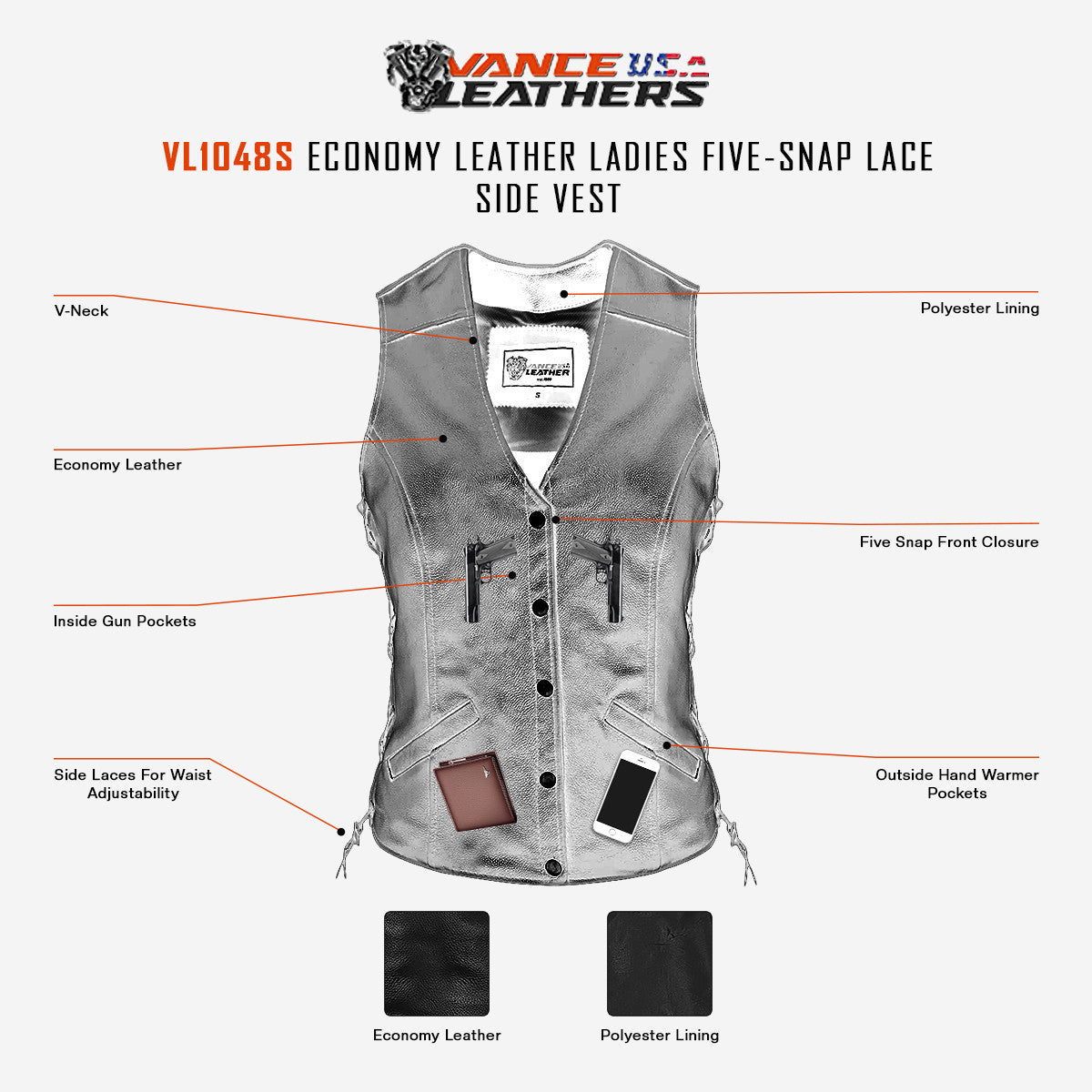 VL1048S Economy Leather Ladies Five-Snap Lace Side Vest infographic