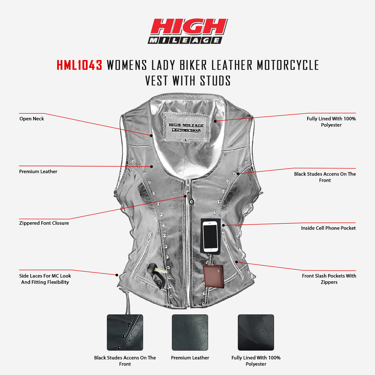 High Mileage HML1043 Womens Lady Biker Leather Motorcycle Vest With Studs - Infographics