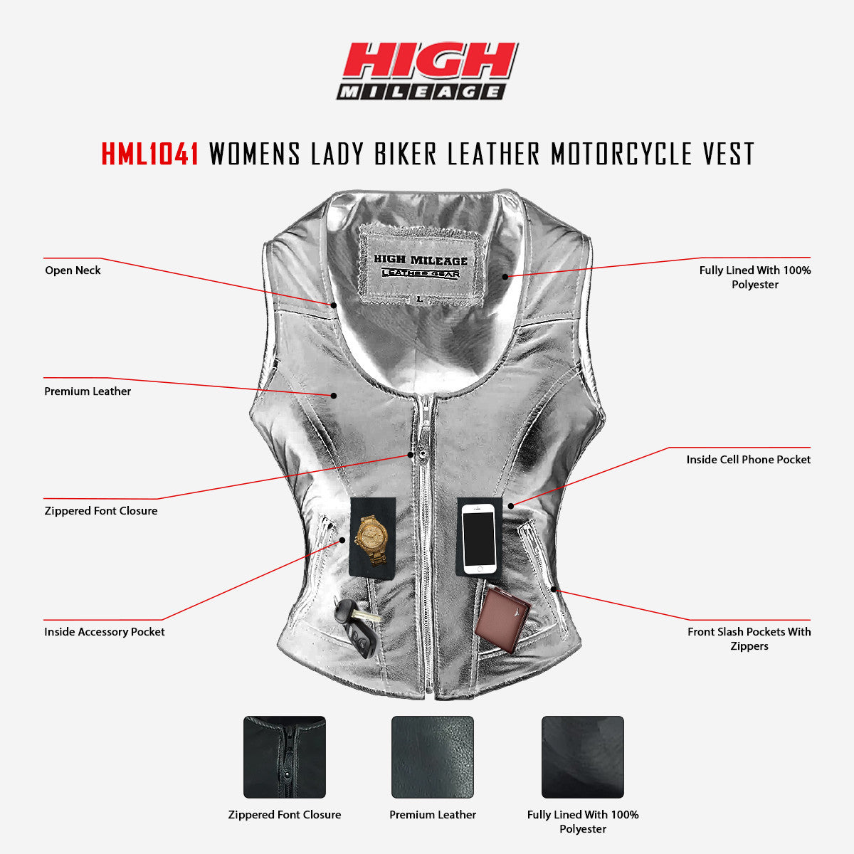 High Mileage HML1041 Women's Lady Biker Leather Motorcycle Vest - Infographics