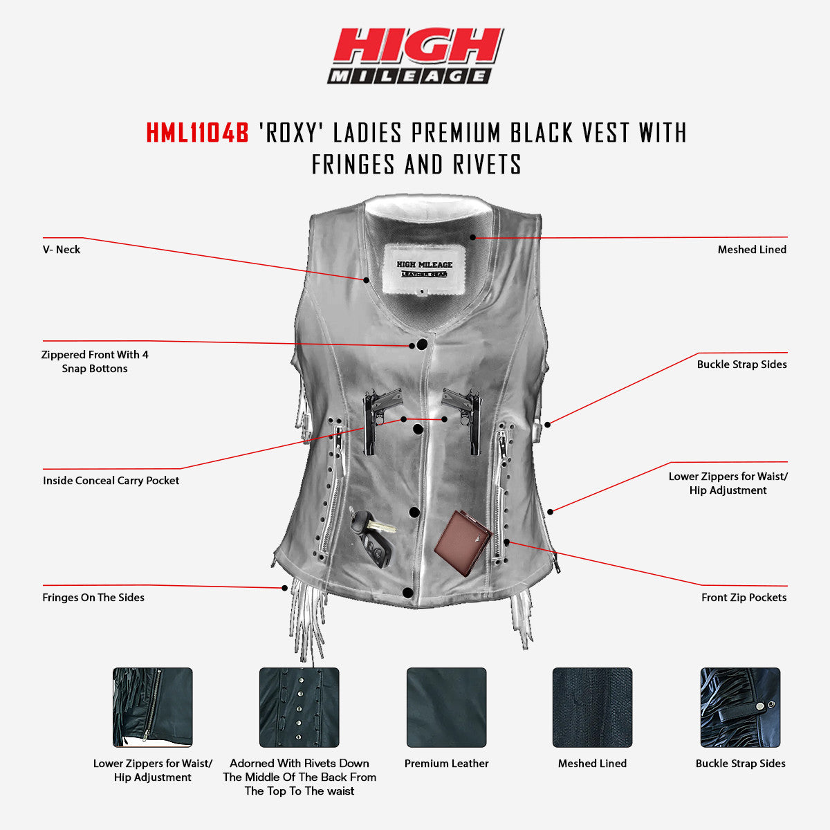 High Mileage HML1104B Ladies Premium Black Vest with Fringes and Rivets - Infographics