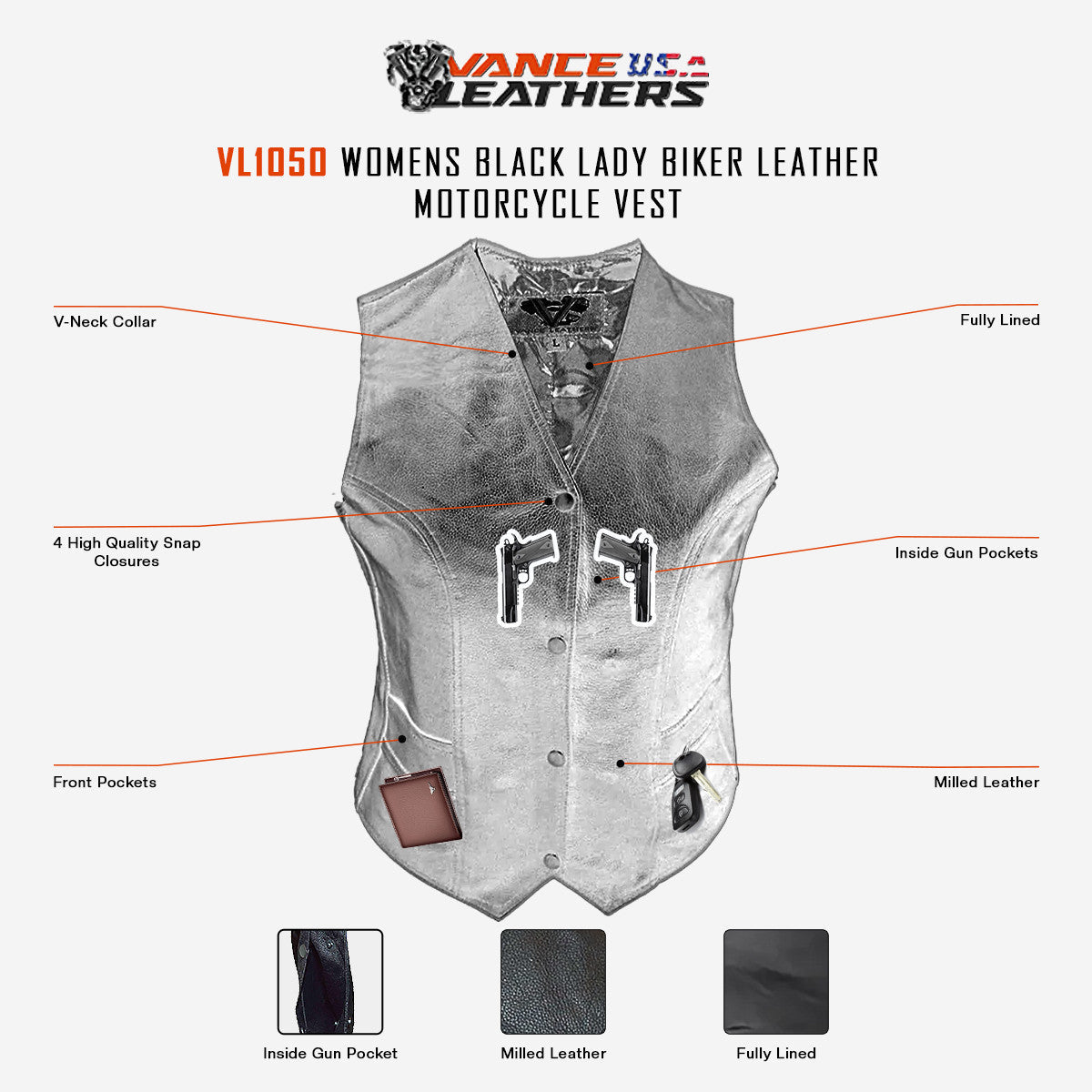 Vance VL1050 Womens Black Lady Biker Leather Motorcycle Vest - Infographics