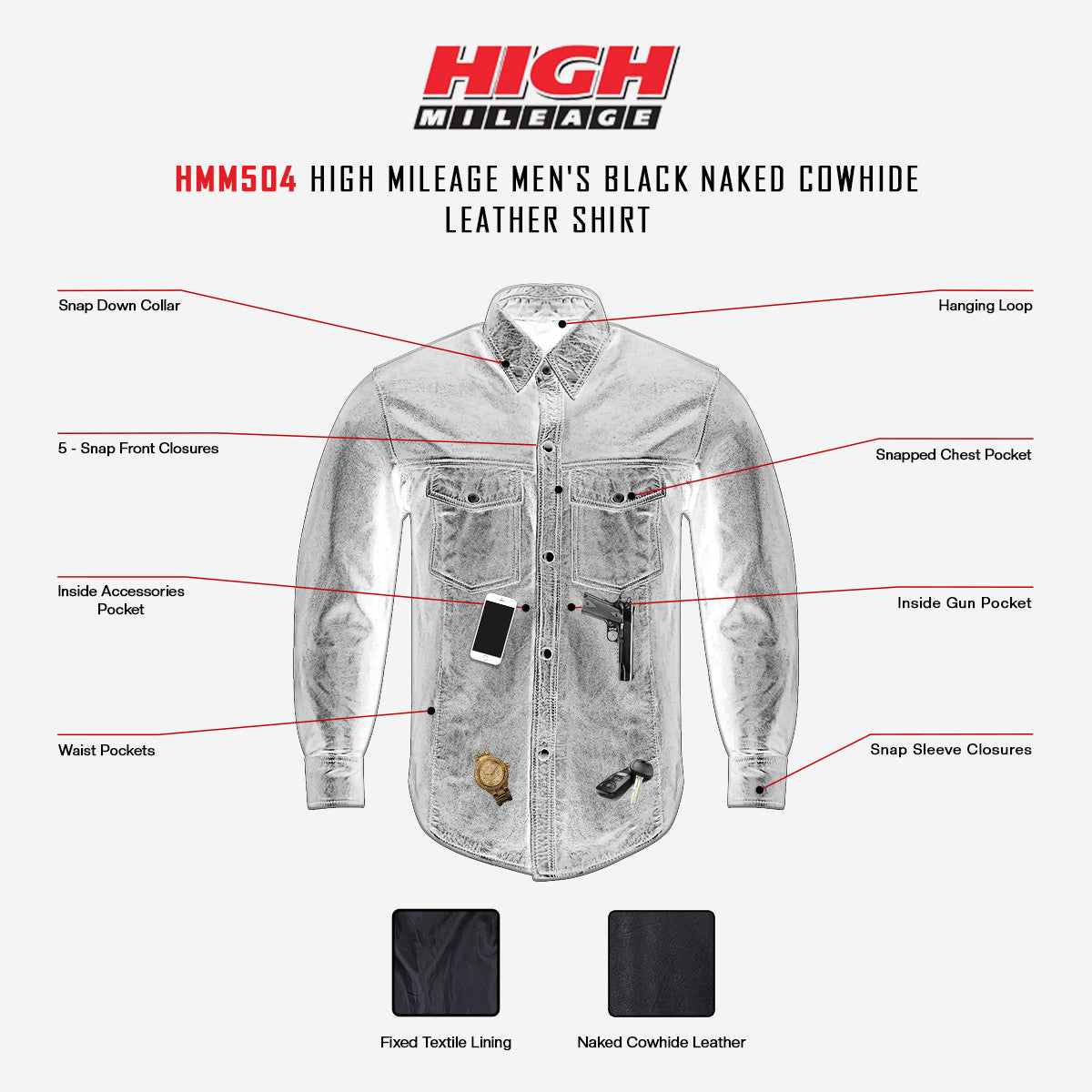 High Mileage HMM504 Men's Concealed Carry Black Premium Cowhide Leather Biker Motorcycle Shirt - Info