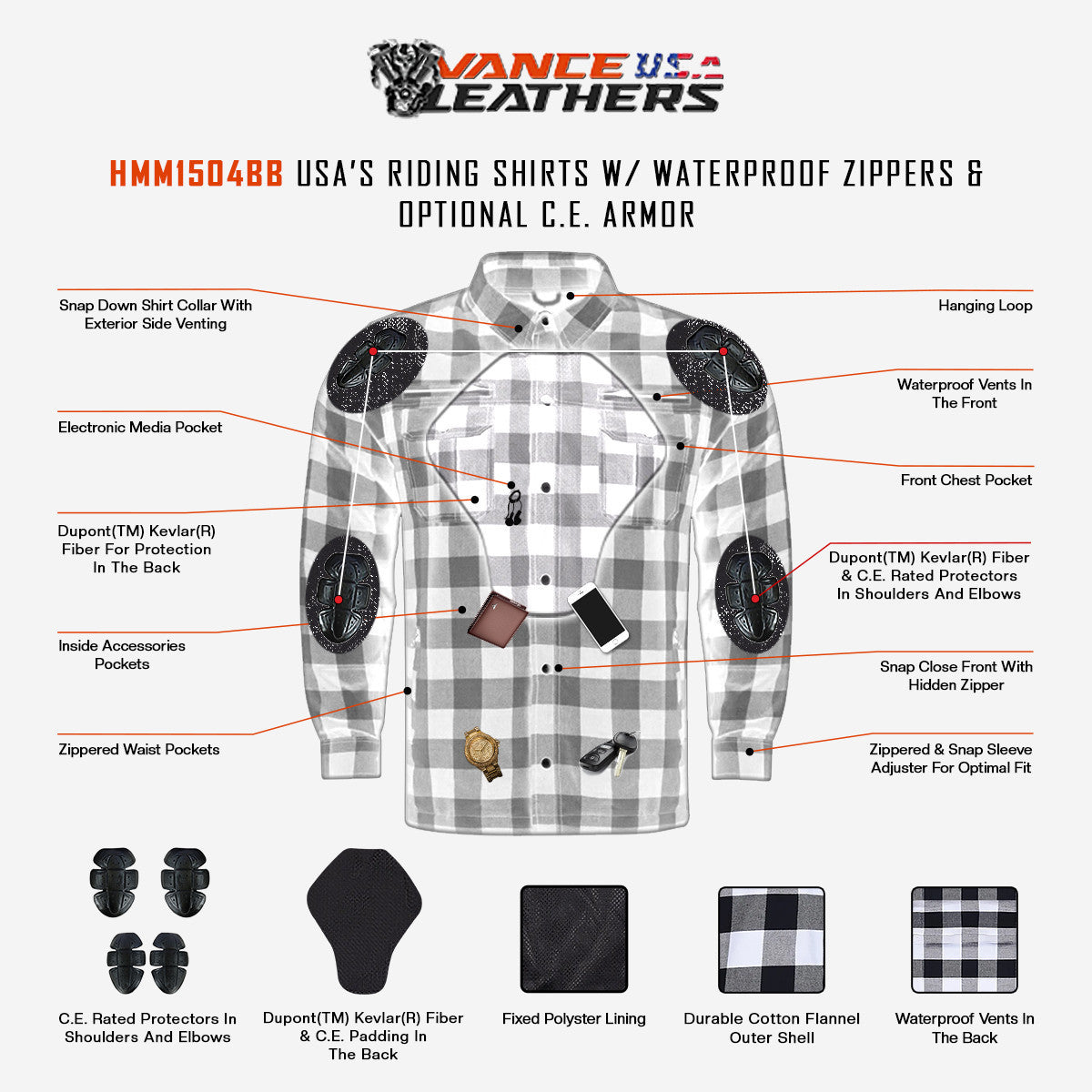 Vance Leathers USA's Riding Shirts W/Waterproof Zippers & C.E. Armor -  Infographic