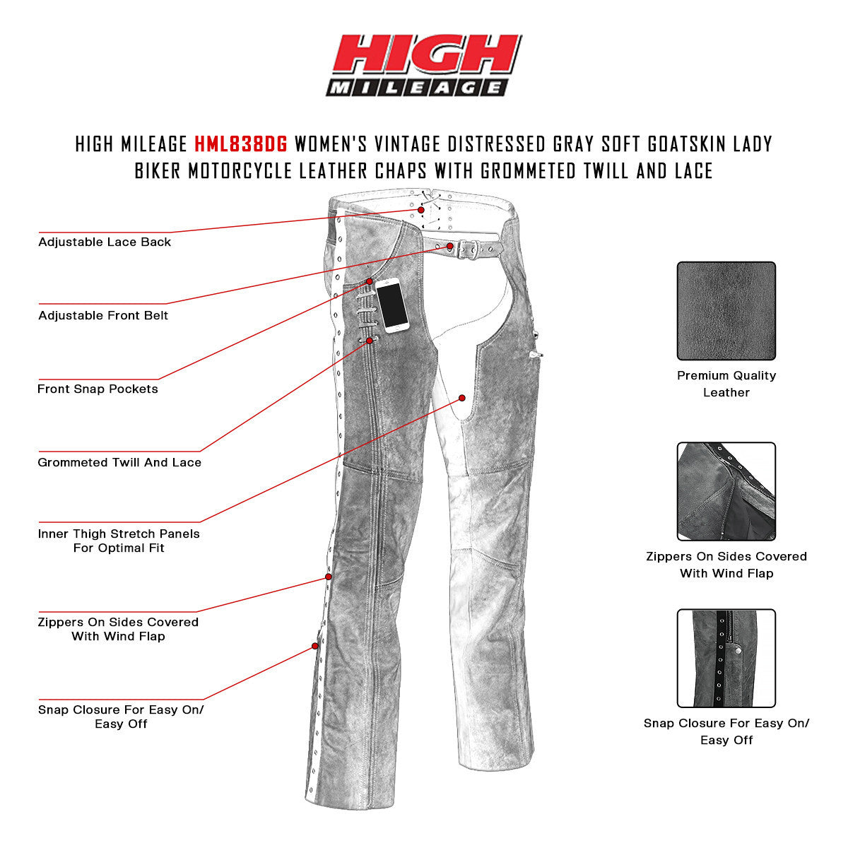 High Mileage HML838DG Women's Vintage Distressed Gray Soft Goatskin Lady Biker Motorcycle Leather Chaps with Grommeted Twill and Lace - Info