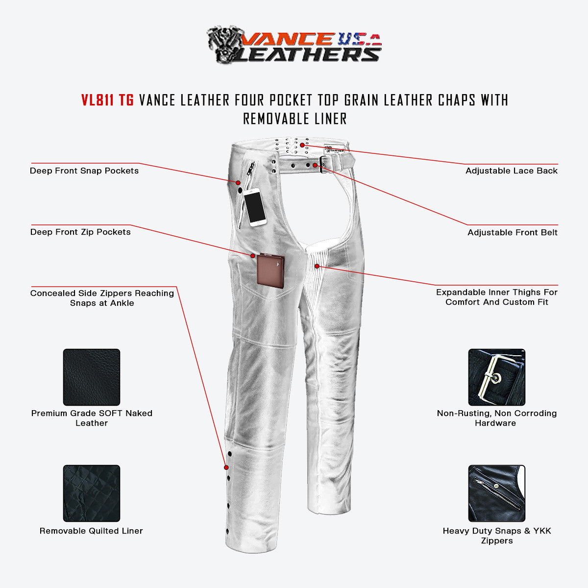 Vance Leather VL811TG Men and Women Black Premium Cowhide Four Pocket Biker Leather Motorcycle Chaps - Infographics