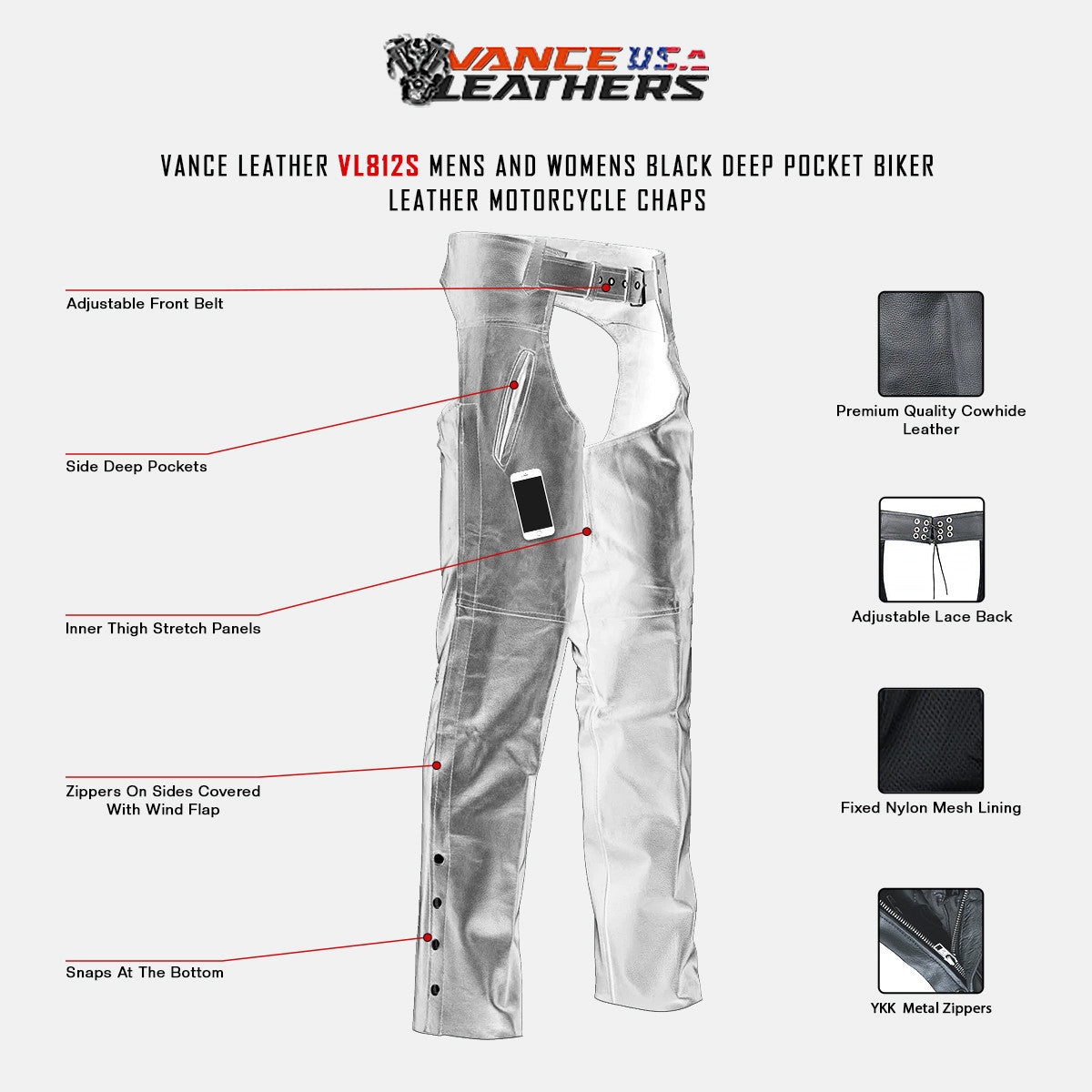 VL812S Men's and Women's Black Deep Pocket Motorcycle Leather Chaps infographic