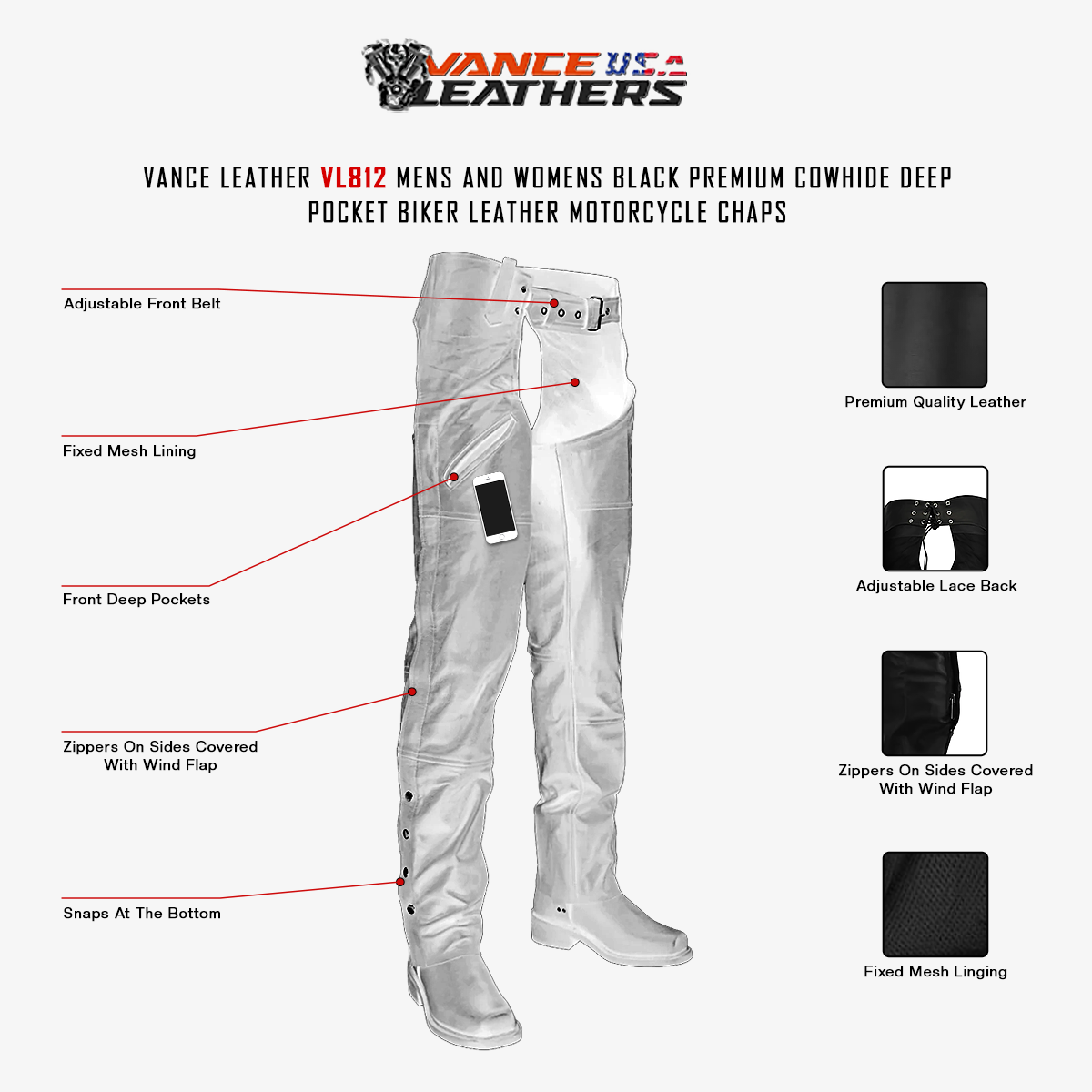 Vance Leather VL812 Men's and Women's Black Premium Cowhide Deep Pocket Biker Leather Motorcycle Chaps - Infographics