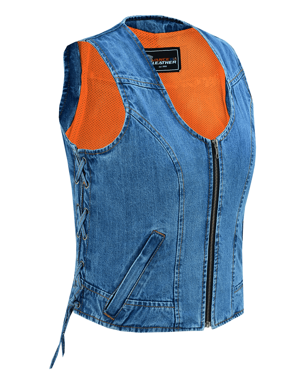 Vance-VB1042BL-Womens-Blue-Denim-V-Neck-Vest--Zipper-side-laces-Motorcycle-Vest-main