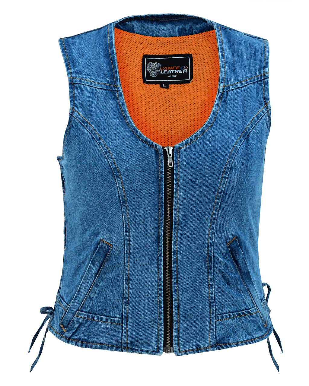 Vance-VB1042BL-Womens-Blue-Denim-V-Neck-Vest-Zipper-side-laces-Motorcycle-Vest-Front-view