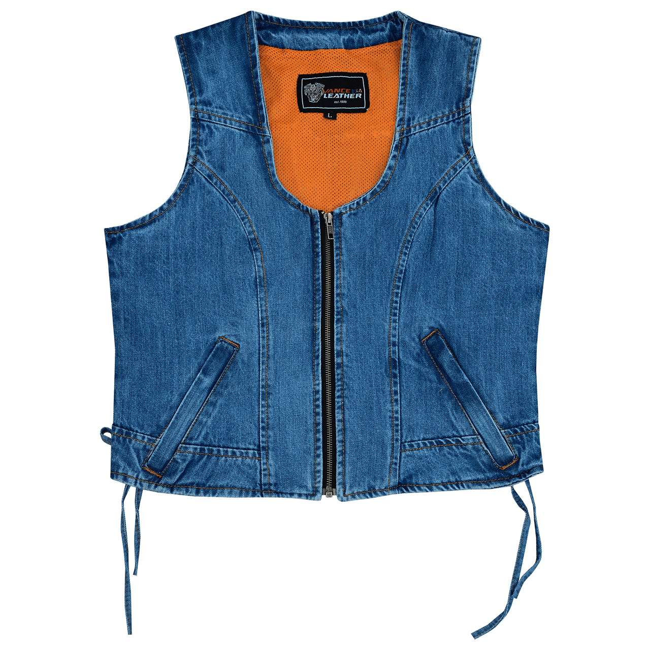 Vance-VB1042BL-Womens-Blue-Denim-V-Neck-Vest-Zipper-side-laces-Motorcycle-Vest-Front-view