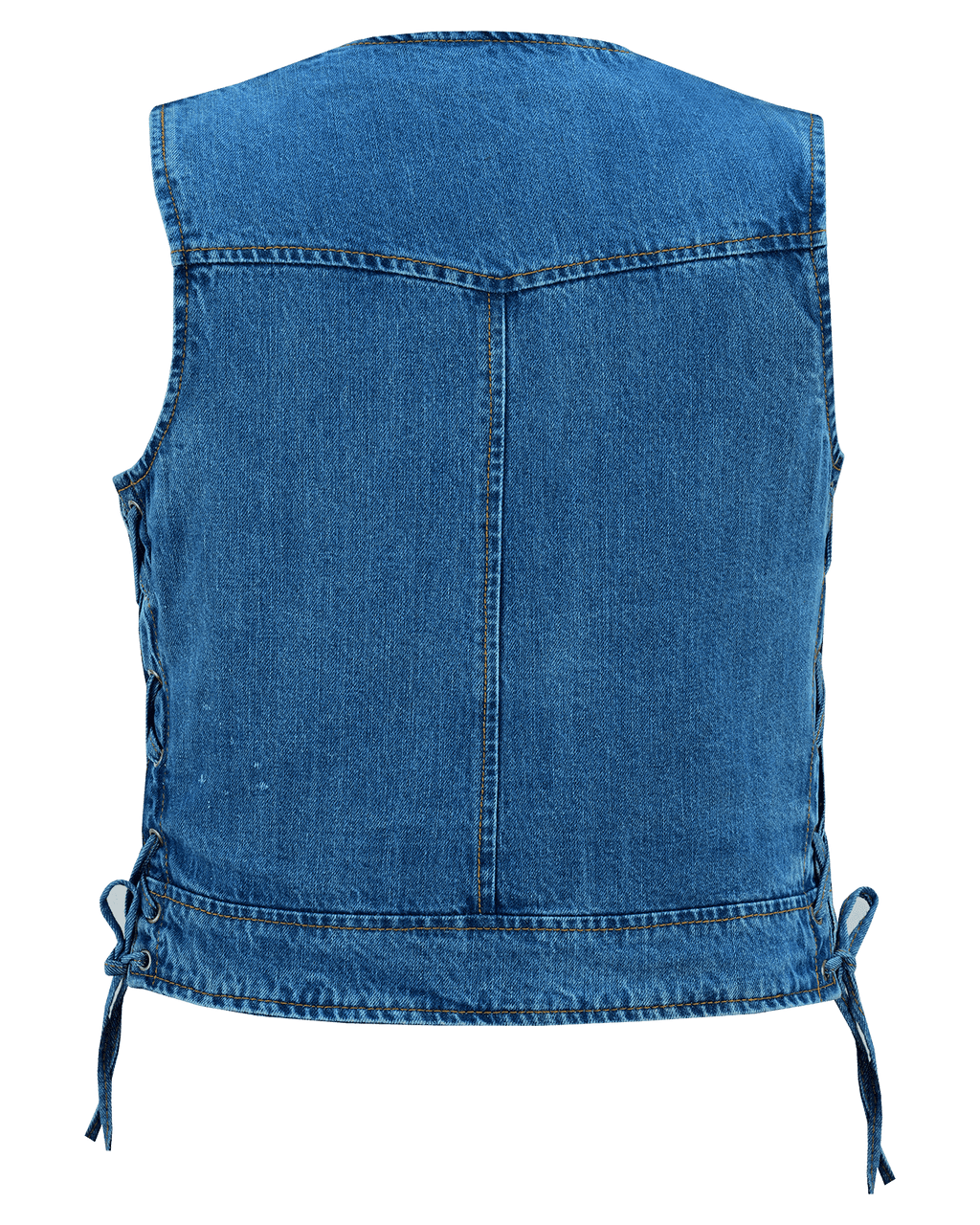 Vance-VB1042BL-Womens-Blue-Denim-V-Neck-Vest-Zipper-side-laces-Motorcycle-Vest-back-view