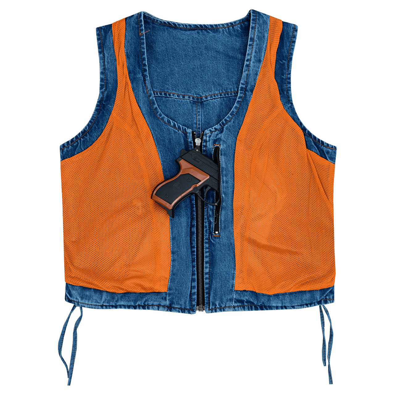 Vance-VB1042BL-Womens-Blue-Denim-V-Neck-Vest-Zipper-side-laces-Motorcycle-Vest-inner-side-view