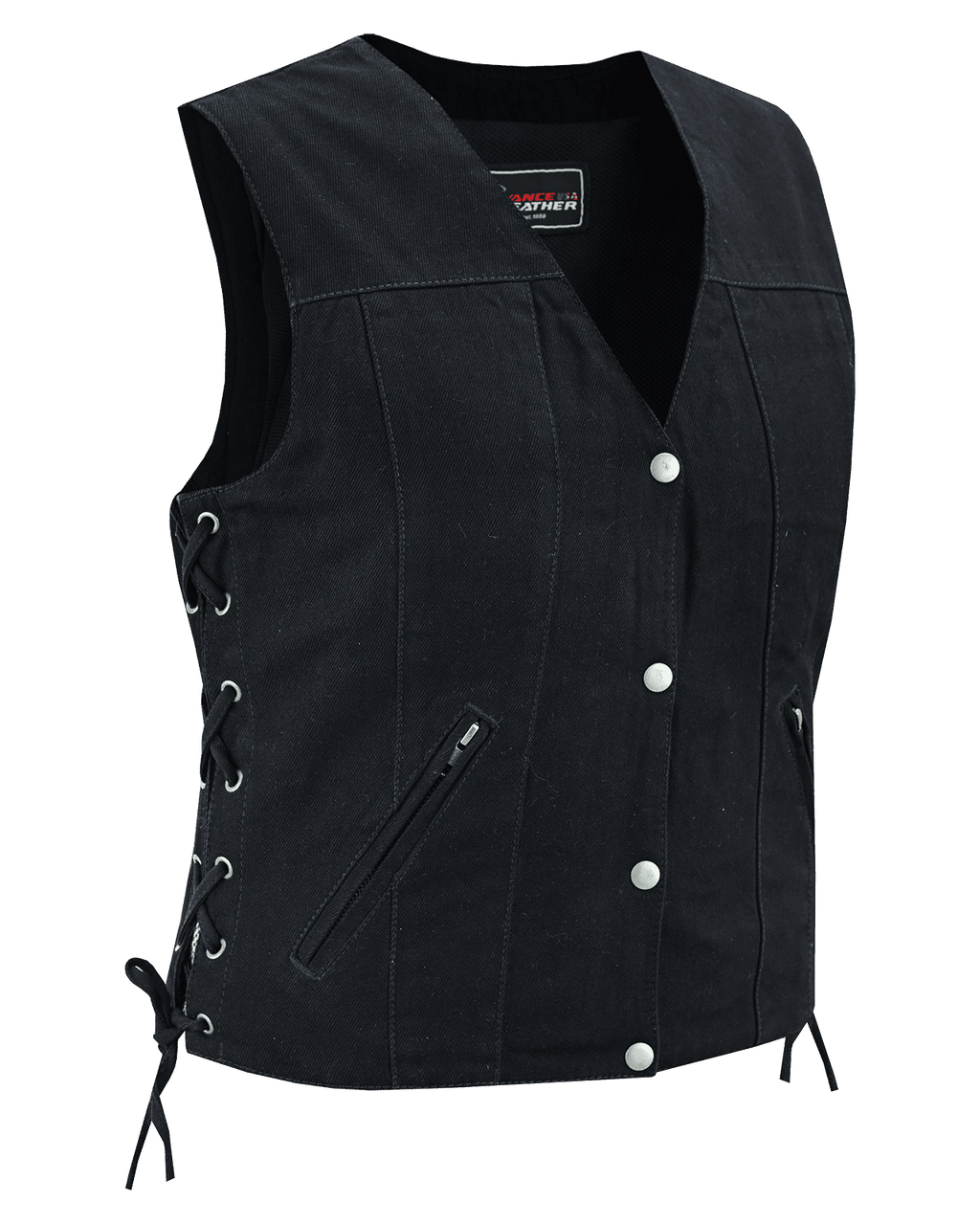 Vance-VB1045BK-Womens-Black-Denim-V-Neck-Vest-with-Snap-opening-&-side-laces-Motorcycle-Vest-main