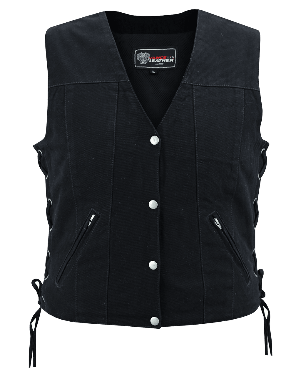 Vance-VB1045BK-Womens-Black-Denim-V-Neck-Vest-with-Snap-opening-&-side-laces-Motorcycle-Front-view