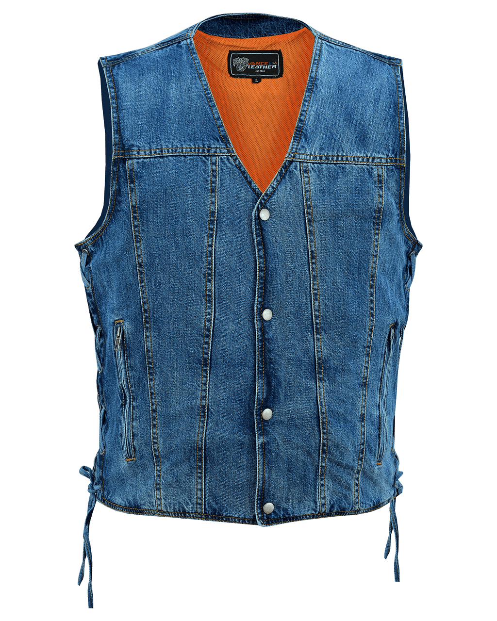 Vance-VB939BL-Mens-Blue-V-Neck-Denim-Vest-for-Motorcycle-Riders-front-view