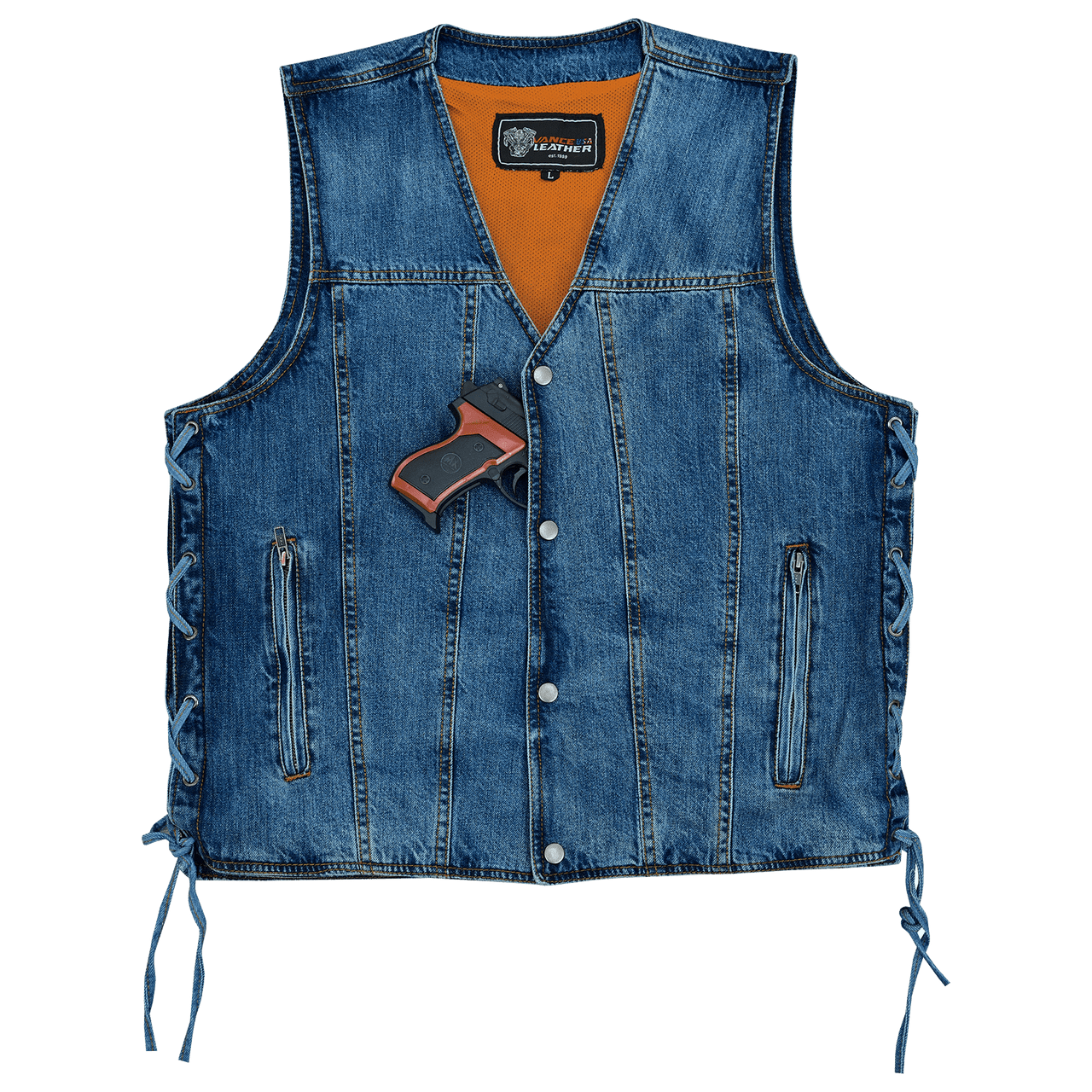 Vance-VB939BL-Mens-Blue-V-Neck-Denim-Vest-for-Motorcycle-Riders-front-view