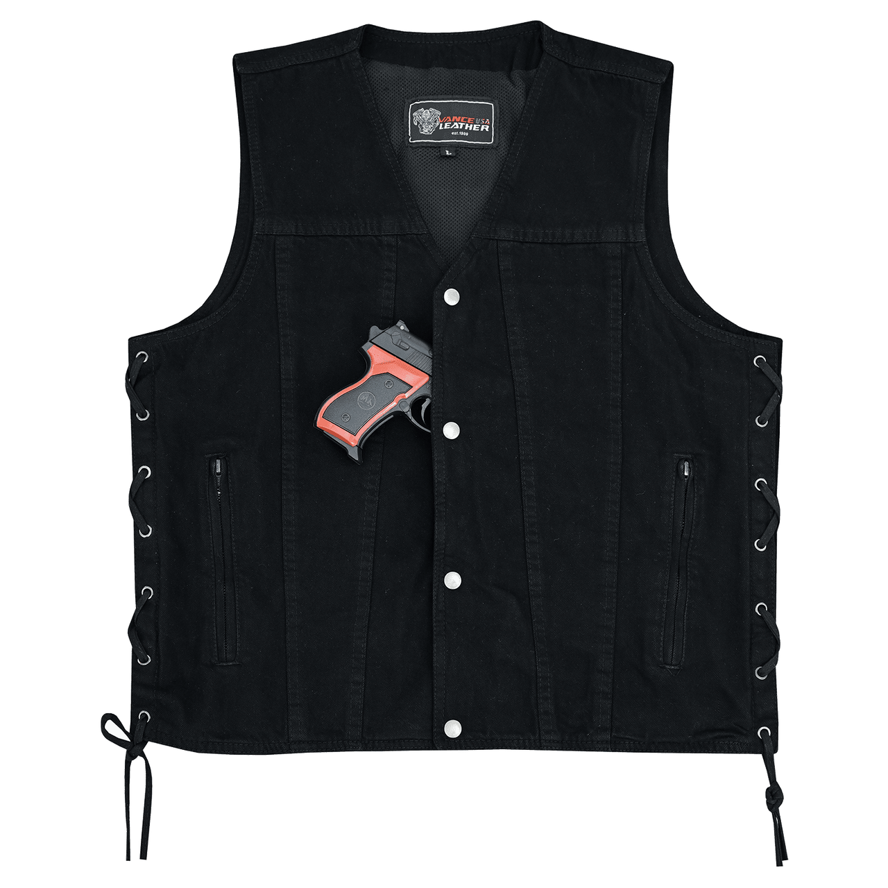 Vance-VB939BK-Mens-Black-V-Neck Denim-Vest-Motorcycle-Riders-front-view