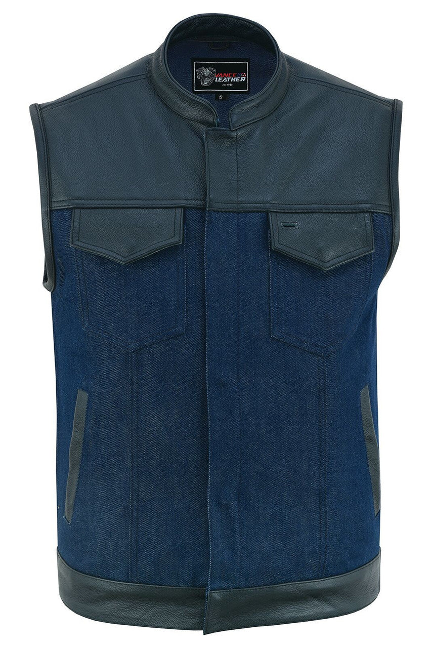 Vance-VB911L-Denim-Black-SOA-Club-Vest-Leather-trims-front-view