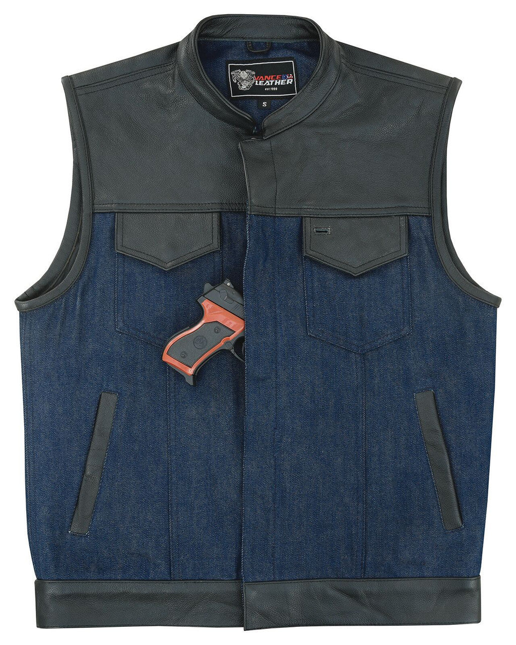 Vance-VB911L-Denim-Black-SOA-Club-Vest-Leather-trims-front-view