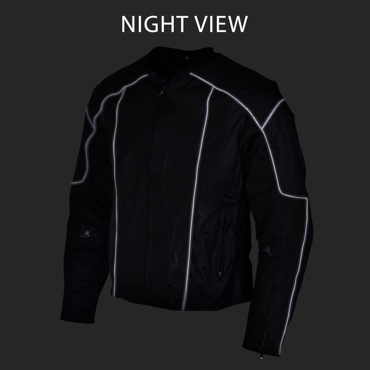 Vance-VL1627B-Mens-Black-Advanced-3-Season-Mesh-Textile-CE-Armor-Motorcycle-Jacket-night-view