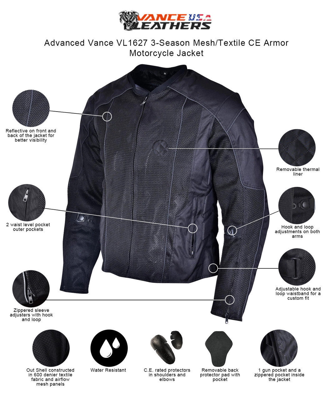 Vance-VL1627B-Mens-Black-Advanced-3-Season-Mesh-Textile-CE-Armor-Motorcycle-Jacket-graphics-info