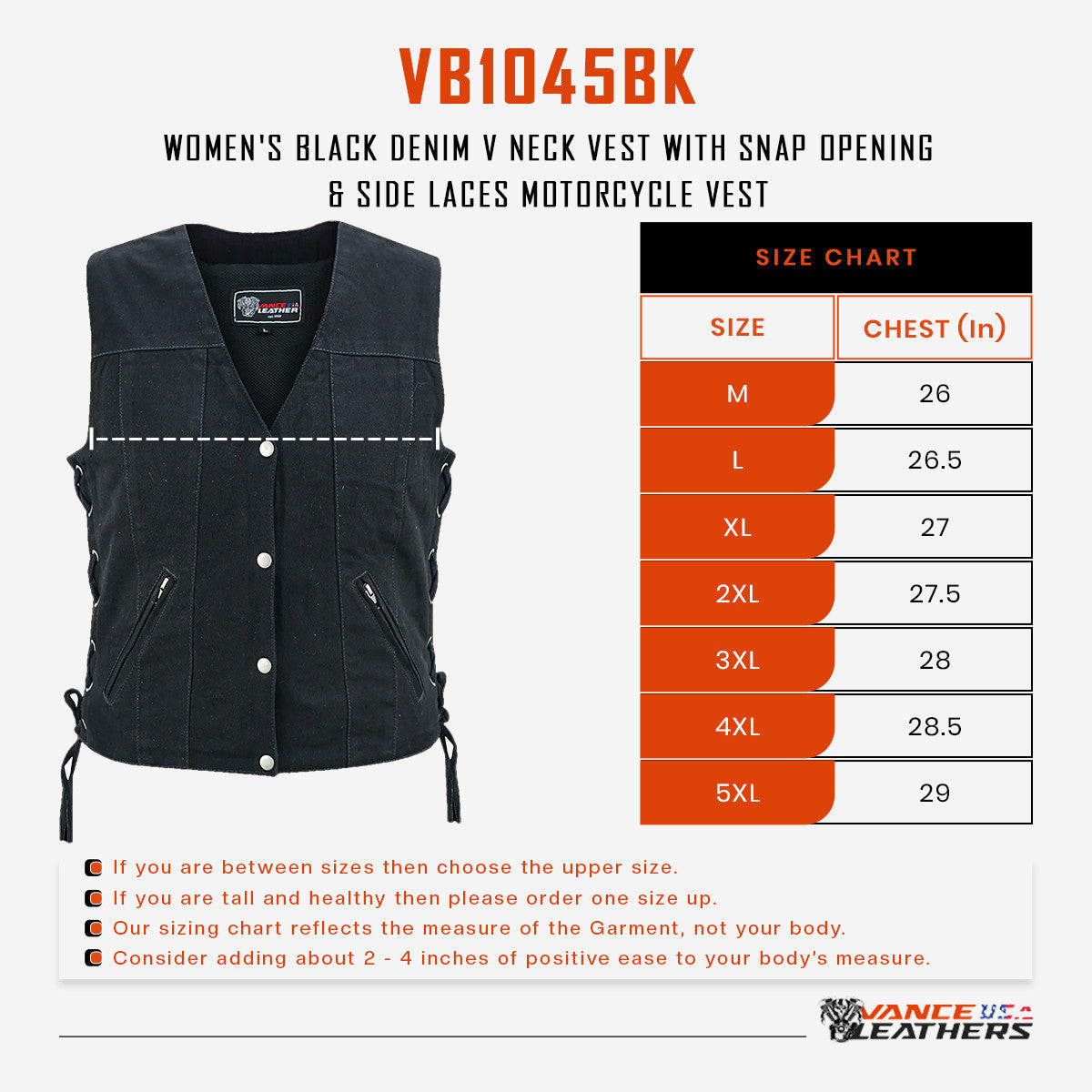 Vance-VB1045BK-Womens-Black-Denim-V-Neck-Vest-with-Snap-opening-&-side-laces-Motorcycle-Vest-Size-chart