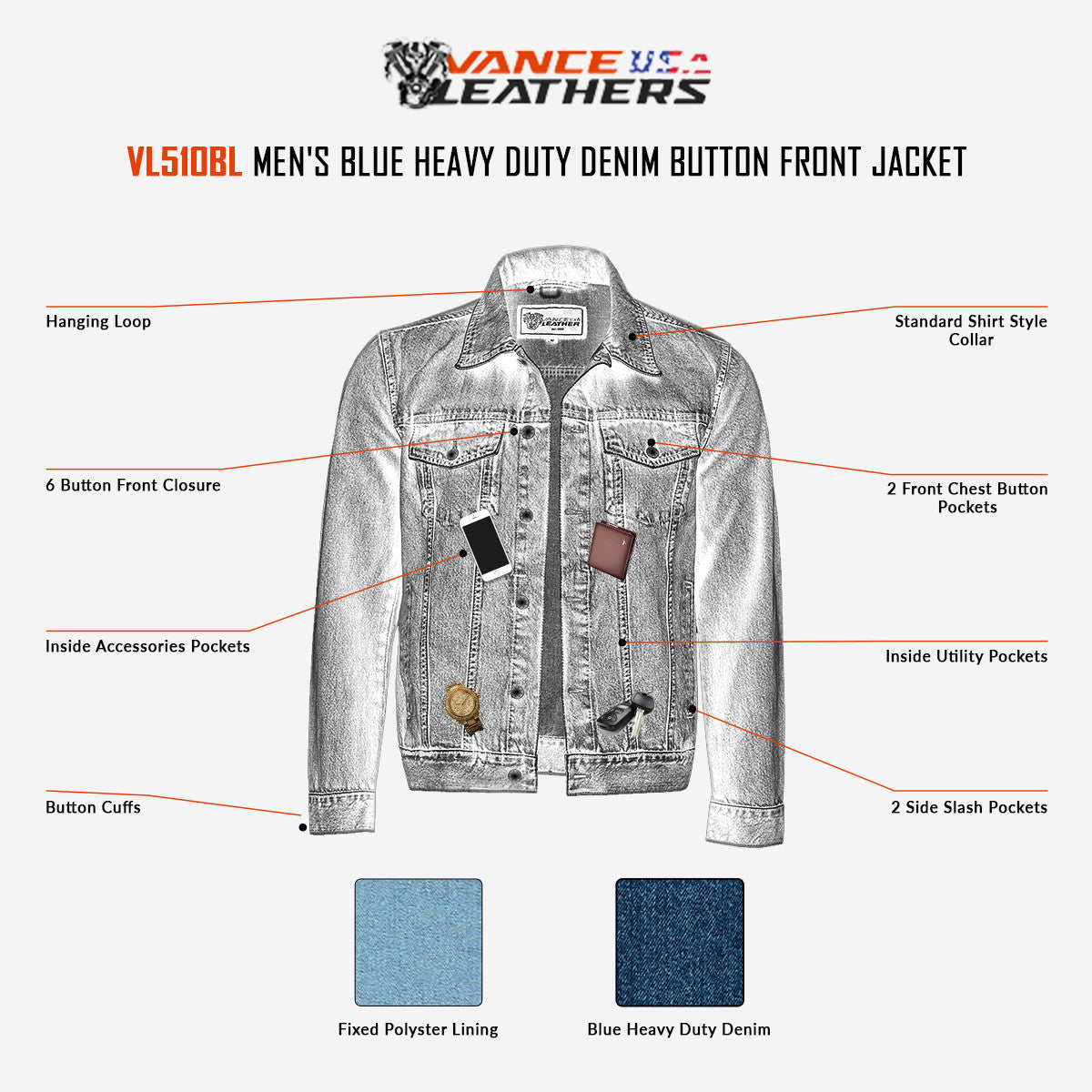 Vance Mens Blue Heavy Duty Denim Button Front Motorcycle Jacket, Jean Jacket for Men - info graphics