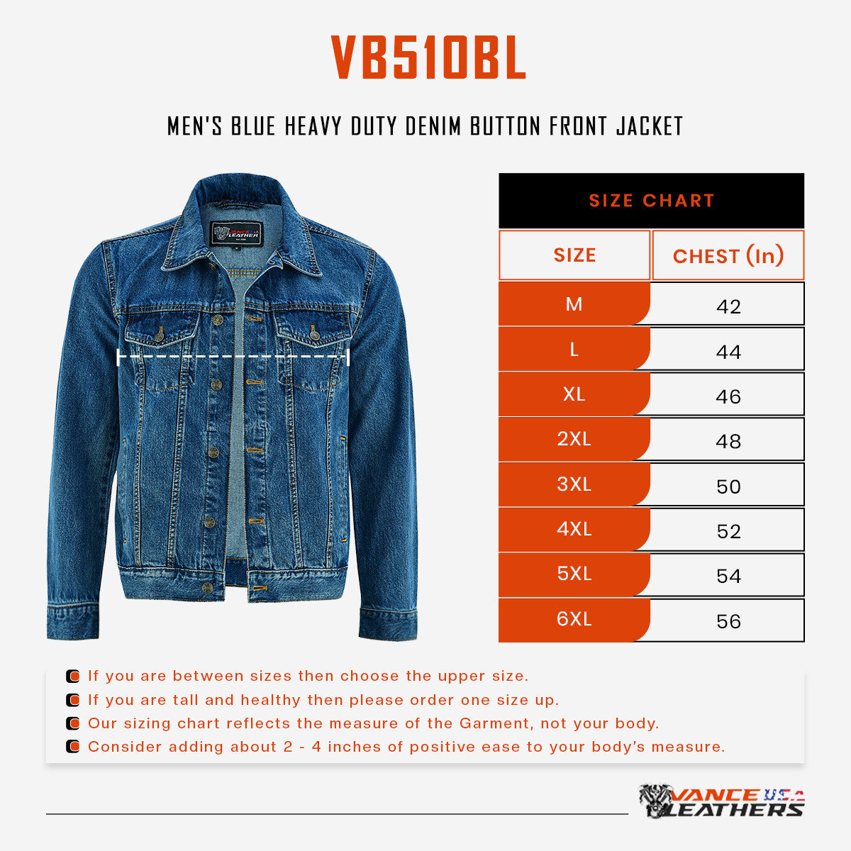 Vance Mens Blue Heavy Duty Denim Button Front Motorcycle Jacket, Jean Jacket for Men - size chart