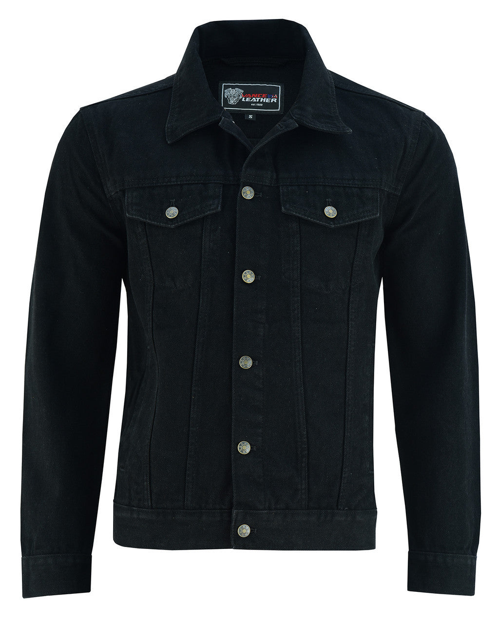 Vance-VB510BK-Mens-Black-Heavy-Duty-Denim-Button-Front-Motorcycle-Jacket-front-view