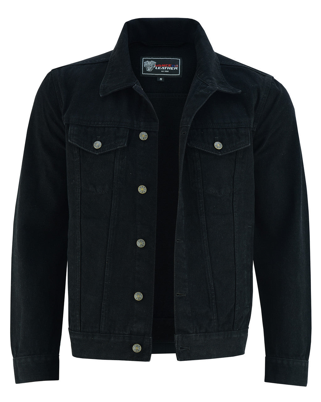 Vance-VB510BK-Mens-Black-Heavy-Duty-Denim-Button-Front-Motorcycle-Jacket-front-view