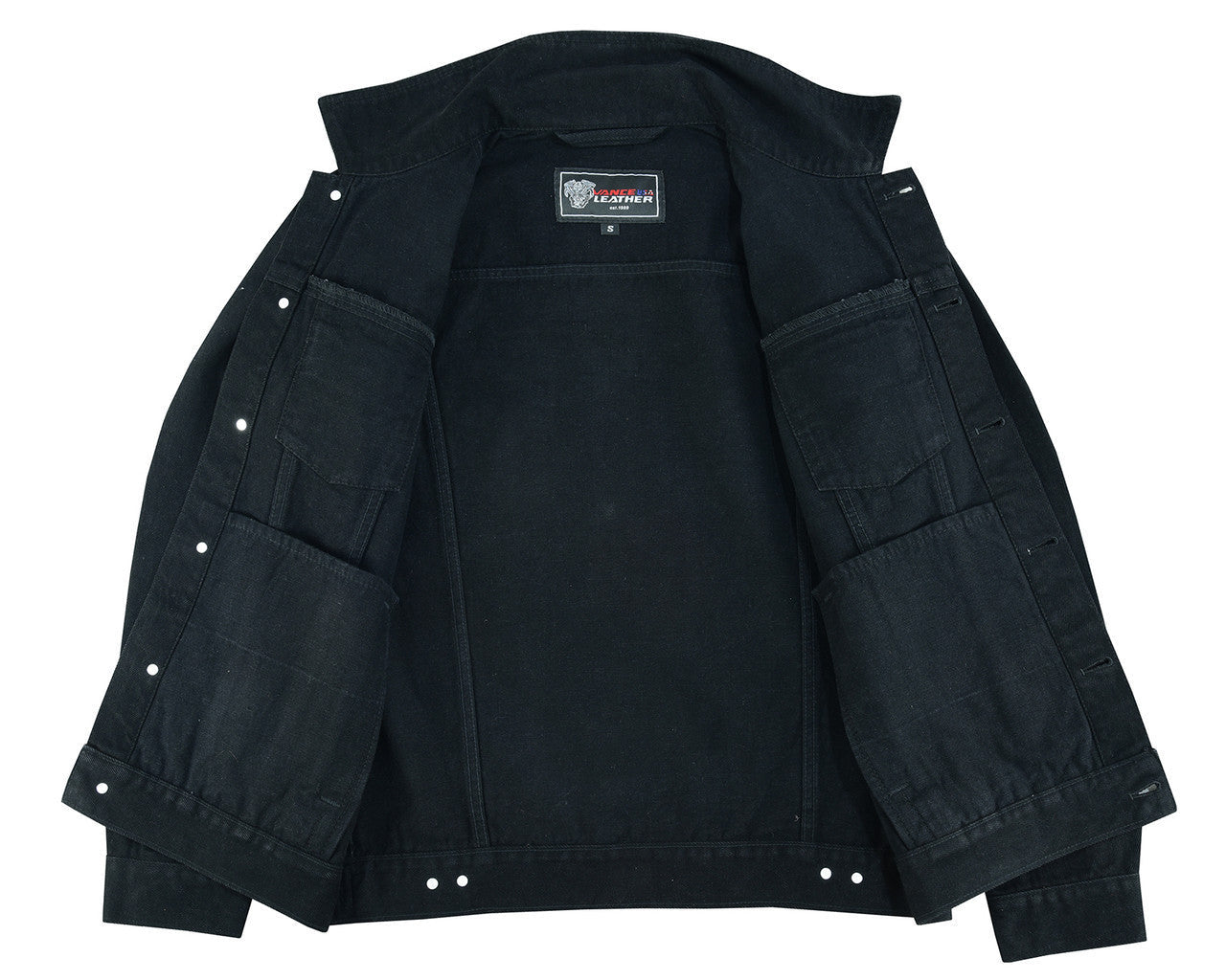 Vance-VB510BK-Mens-Black-Heavy-Duty-Denim-Button-Front-Motorcycle-Jacket-front-open-view