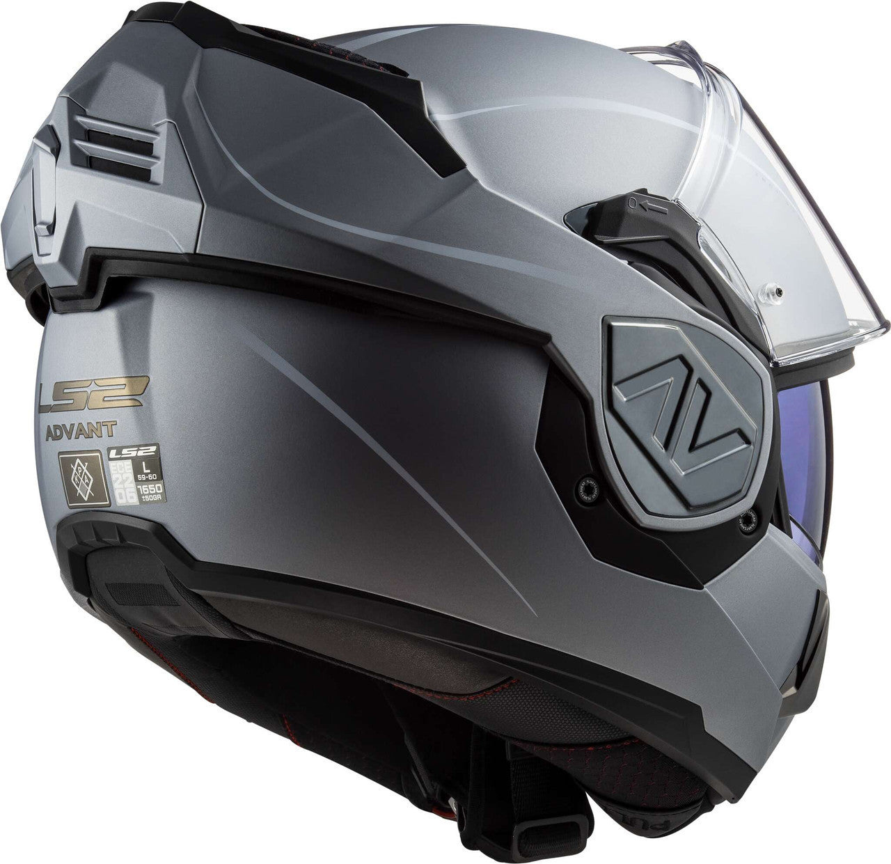 LS2-Advant-Special-Matte-Silver-Modular-Motorcycle-Helmet-With-Sunshield-rear-visor-view